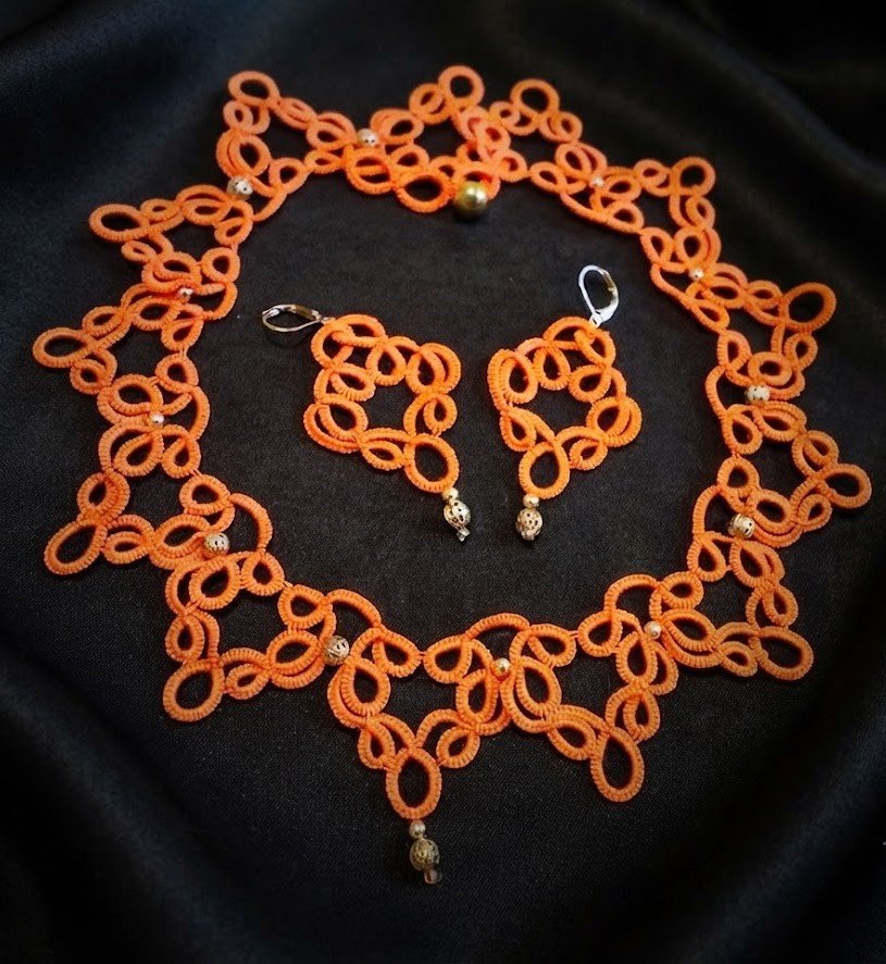 Vibrant Orange Tatting Lace Necklace Set | Handmade Lace Jewelry | Optional Matching Earrings,Ready to Ship - Image 3