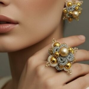 Silver & Gold Couture Tatting Earrings & Cocktail Ring | Handmade Luxury Lace Jewelry | Metallic Lace with Pearl | Made to Order | MMJ Golden Signature Collection™