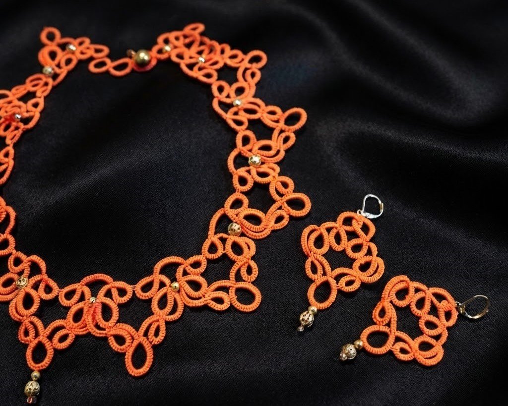 Vibrant Orange Tatting Lace Necklace Set | Handmade Lace Jewelry | Optional Matching Earrings,Ready to Ship - Image 9