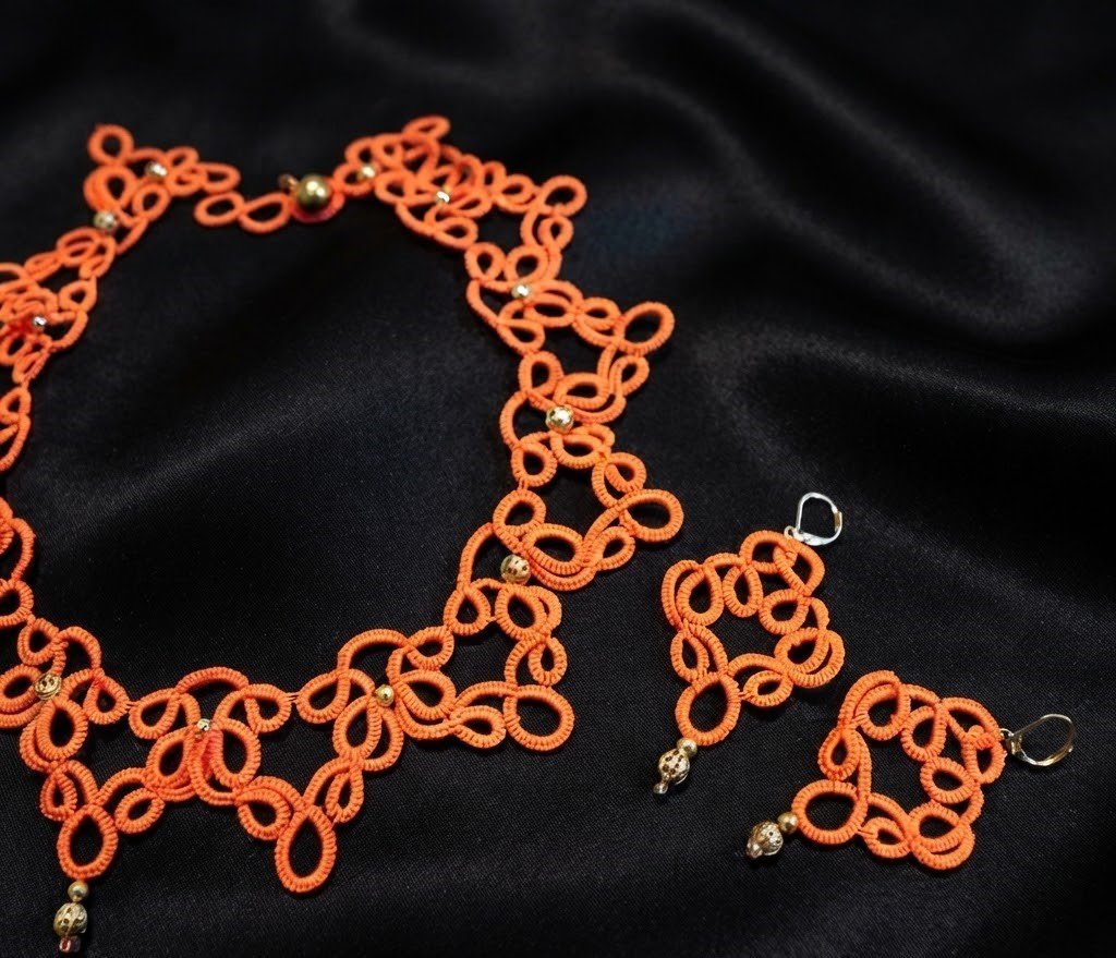 Vibrant Orange Tatting Lace Necklace Set | Handmade Lace Jewelry | Optional Matching Earrings,Ready to Ship - Image 11