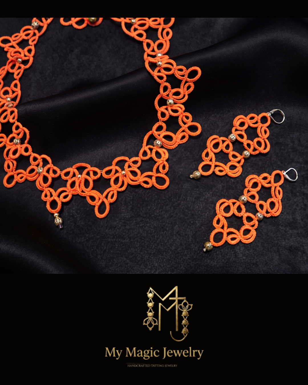 Vibrant Orange Tatting Lace Necklace Set | Handmade Lace Jewelry | Optional Matching Earrings,Ready to Ship - Image 4