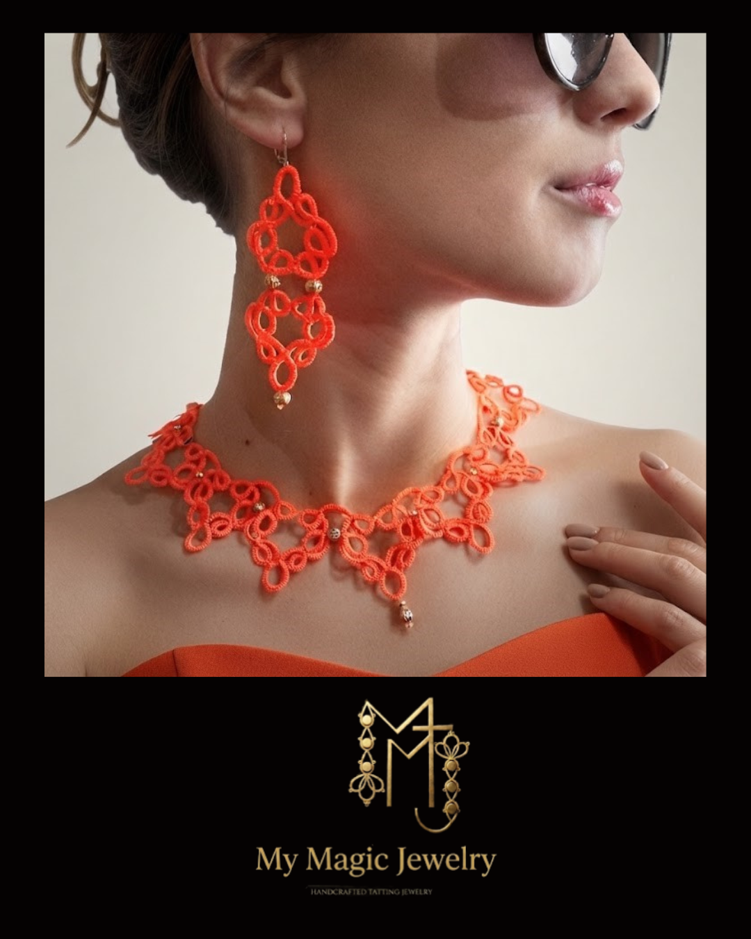 Vibrant Orange Tatting Lace Necklace Set | Handmade Lace Jewelry | Optional Matching Earrings,Ready to Ship - Image 5