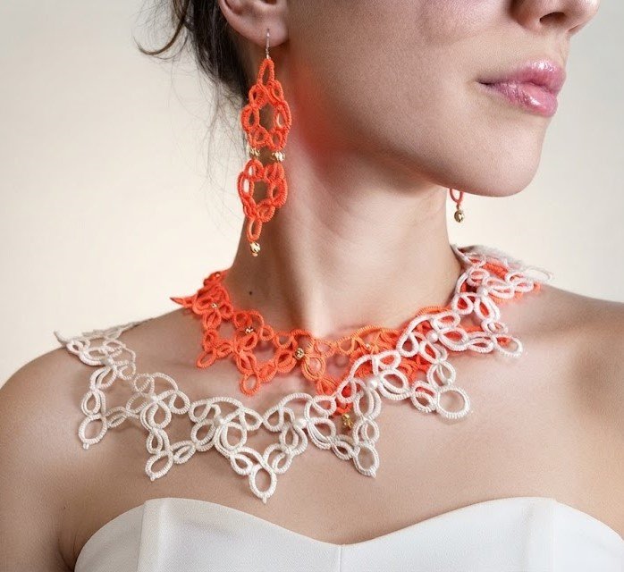 Vibrant Orange Tatting Lace Necklace Set | Handmade Lace Jewelry | Optional Matching Earrings,Ready to Ship - Image 10