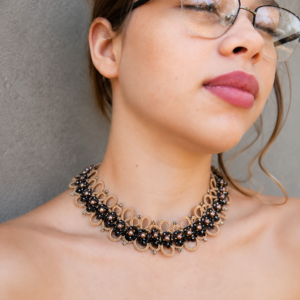 Champagne Noir Pearl Lace Necklace, Handmade Tatting Choker, Elegant Black Lace Necklace, Luxury Statement Jewelry, Ready to Ship