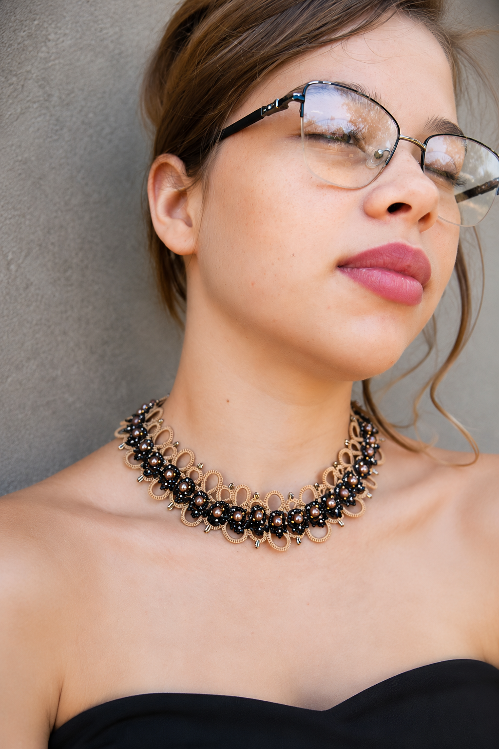 Champagne Noir Pearl Lace Necklace, Handmade Tatting Choker, Elegant Black Lace Necklace, Luxury Statement Jewelry, Ready to Ship