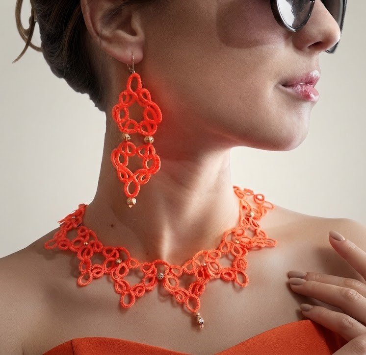 Vibrant Orange Tatting Lace Necklace Set | Handmade Lace Jewelry | Optional Matching Earrings,Ready to Ship - Image 8