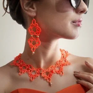 Vibrant Orange Tatting Lace Necklace Set | Handmade Lace Jewelry | Optional Matching Earrings,Ready to Ship - Image 12