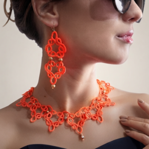 Vibrant Orange Tatting Lace Necklace Set | Handmade Lace Jewelry | Optional Matching Earrings,Ready to Ship