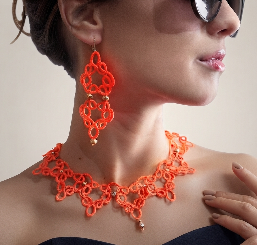 Vibrant Orange Tatting Lace Necklace Set | Handmade Lace Jewelry | Optional Matching Earrings,Ready to Ship