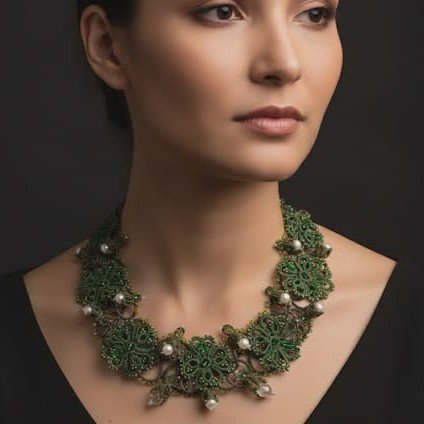 Royal Botanical Tatting Lace Statement Necklace — Design 2021 | Green & White Pearl Couture Jewelry | Ready to Ship - Image 6