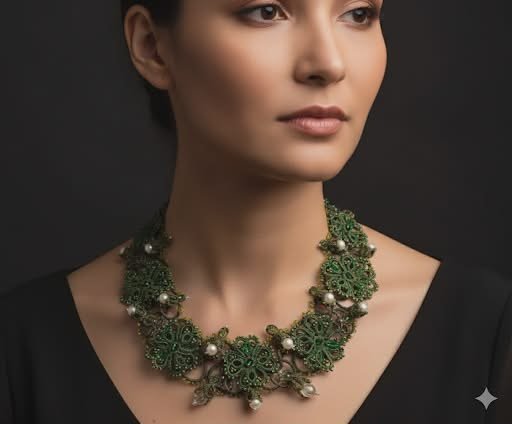 Royal Botanical Tatting Lace Statement Necklace — Design 2021 | Green & White Pearl Couture Jewelry | Ready to Ship - Image 2