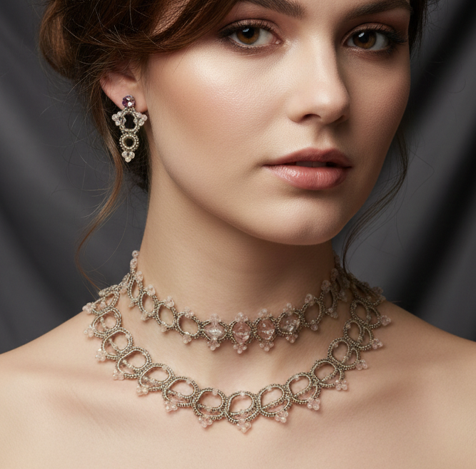 Luxury Handmade Wedding Jewelry Set Tatting Pattern | Victorian Lace Necklace, Choker & Earrings PDF Tutorial | Shuttle & Needle Tatting | NOT for Beginners - Image 4