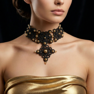 Golden Signature™ Black & Gold Tatting Lace Choker Necklace with Pendant — Handmade Couture Lace Jewelry