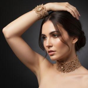 Champagne Gold & Beige Tatting Lace Jewelry Set | Golden Signature™ Couture Lace Ensemble