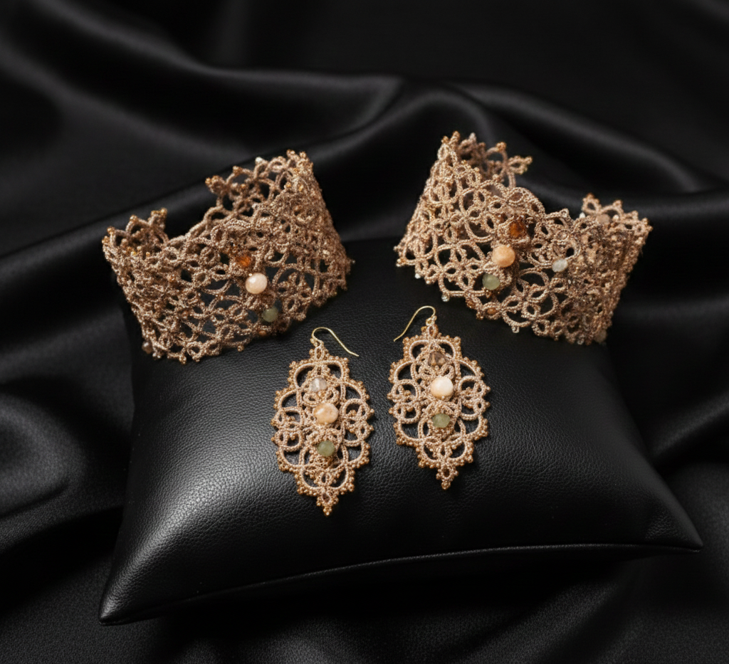 Champagne Gold & Beige Tatting Lace Jewelry Set | Golden Signature™ Couture Lace Ensemble - Image 2