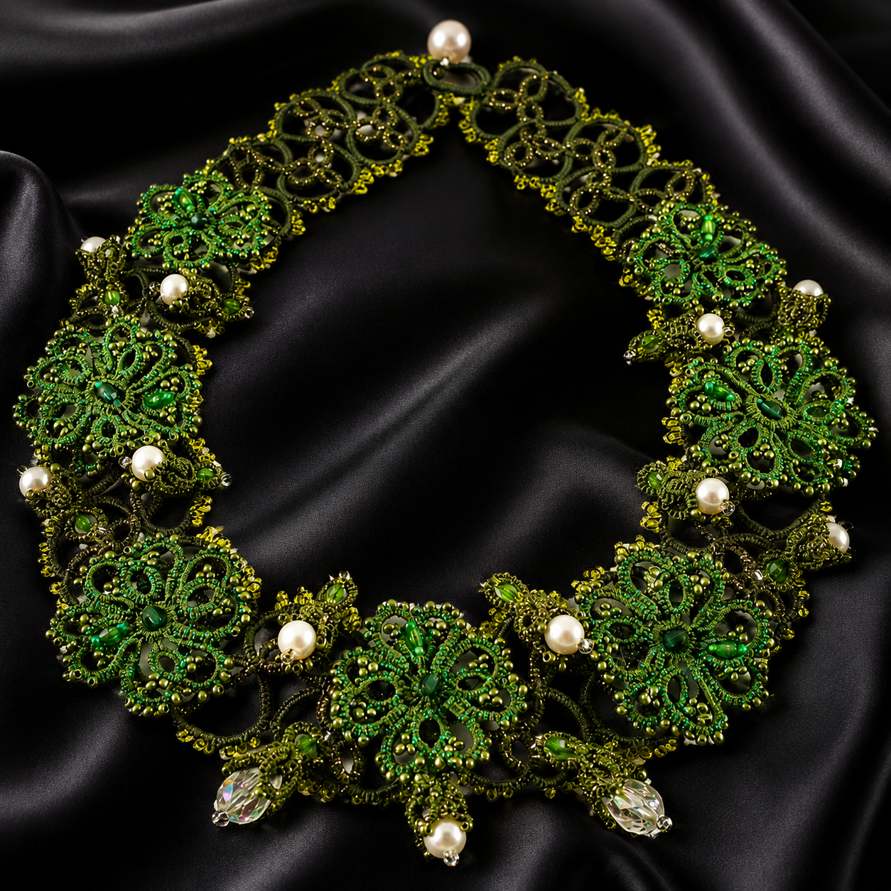 Royal Botanical Tatting Lace Statement Necklace — Design 2021 | Green & White Pearl Couture Jewelry | Ready to Ship