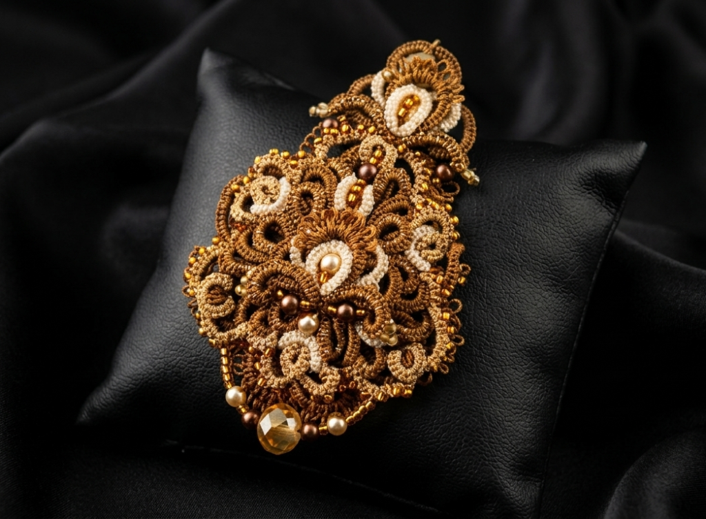 Golden Velvet™ — One-of-a-Kind Brown & Gold Tatting Lace Brooch | Handmade Statement Jewelry | Victorian Couture Lace Art | Ready to Ship