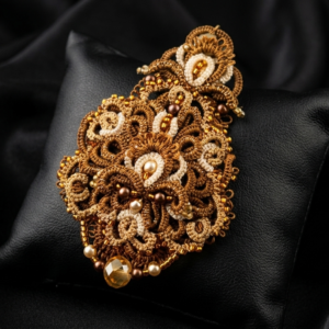 Golden Velvet™ — One-of-a-Kind Brown & Gold Tatting Lace Brooch | Handmade Statement Jewelry | Victorian Couture Lace Art | Ready to Ship