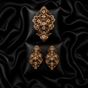 Golden Velvet™ — Brown & Gold Tatting Lace Jewelry | Brooch, Statement Earrings & Necklace | Made to Order