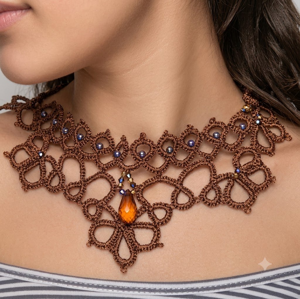 Victorian Copper Brown Tatting Lace Choker | Handmade Lace Necklace with Crystal Pendant | Elegant Everyday Victorian Jewelry | Made to Order - Image 4