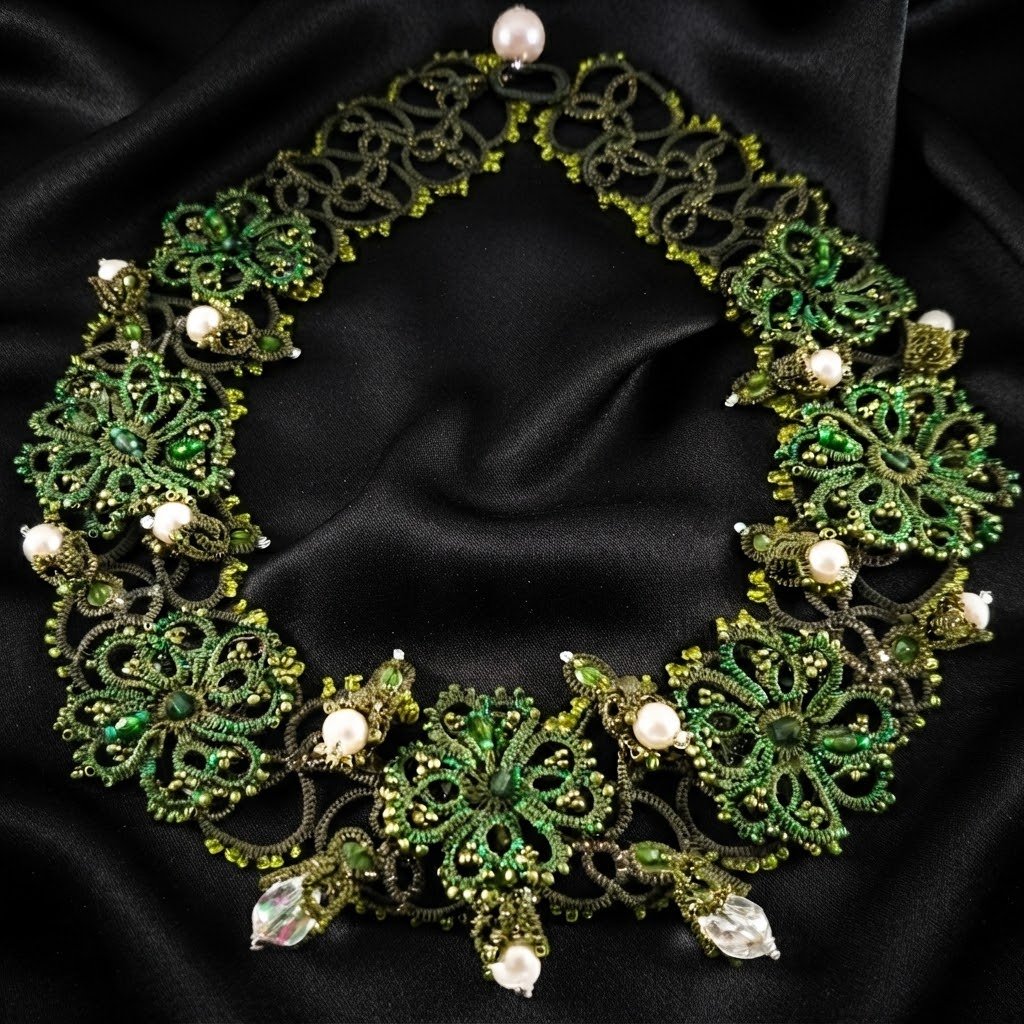 Royal Botanical Tatting Lace Statement Necklace — Design 2021 | Green & White Pearl Couture Jewelry | Ready to Ship - Image 9