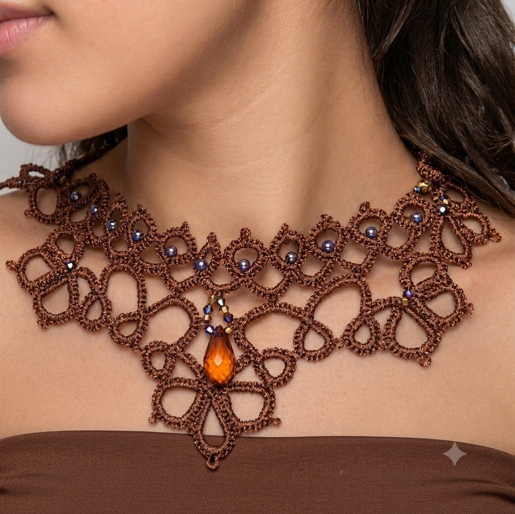 Victorian Copper Brown Tatting Lace Choker | Handmade Lace Necklace with Crystal Pendant | Elegant Everyday Victorian Jewelry | Made to Order - Image 5