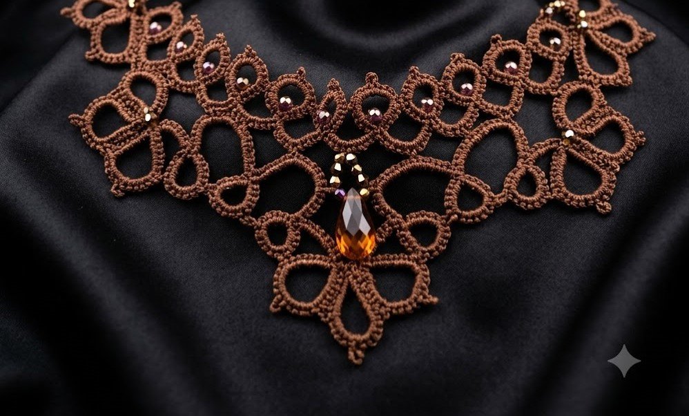 Handmade Victorian Copper Brown Tatting Lace Necklace Pattern