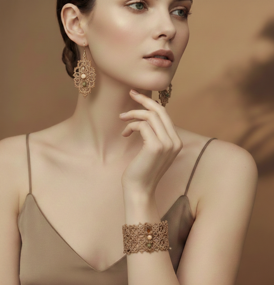 Champagne Gold & Beige Tatting Lace Jewelry Set | Golden Signature™ Couture Lace Ensemble - Image 5