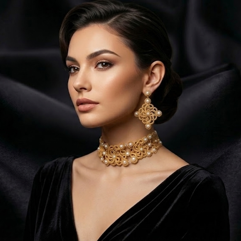 Golden Signature™ Tatting Lace Choker | Luxury Pearl Statement Necklace | Gold, White or Silver | Made to Order - Image 10
