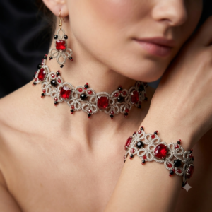 Victorian Gothic Couture Lace Jewelry Set — Crystal Tatting Choker, Bracelet & Statement Earrings