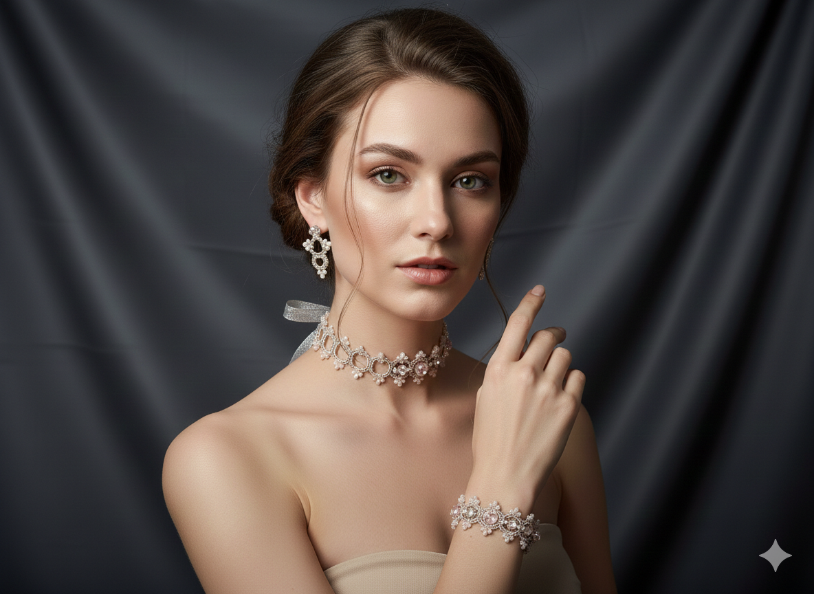 Luxury Handmade Wedding Jewelry Set | Victorian Lace Necklace, Bridal Choker & Earrings | Ready to Ship - Image 9