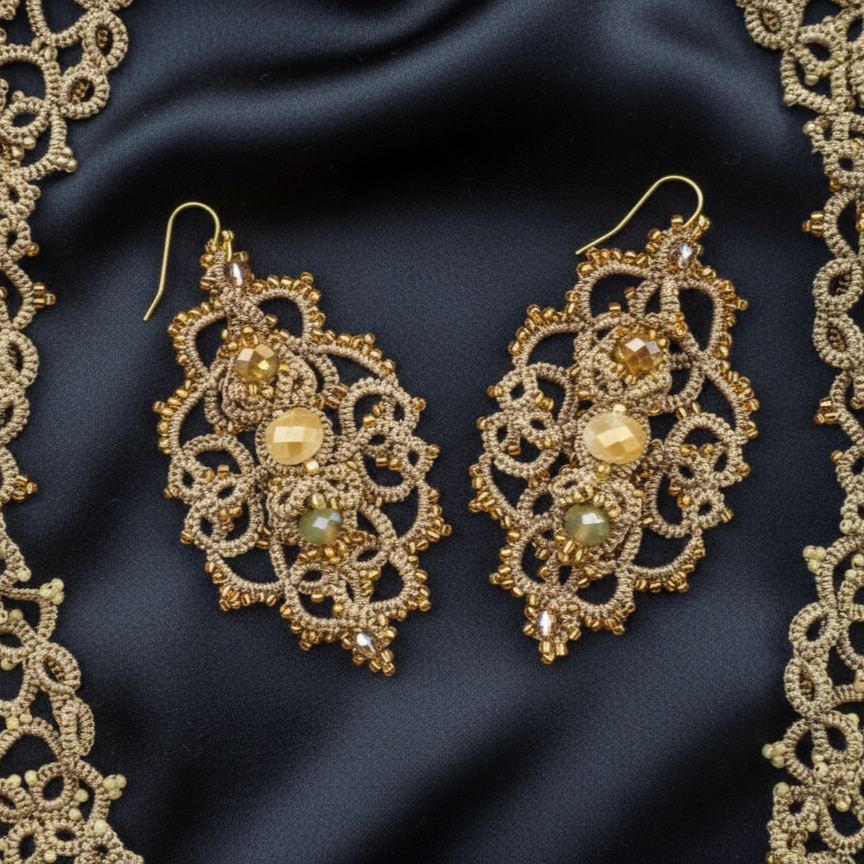 Champagne Gold & Beige Tatting Lace Jewelry Set | Golden Signature™ Couture Lace Ensemble - Image 4