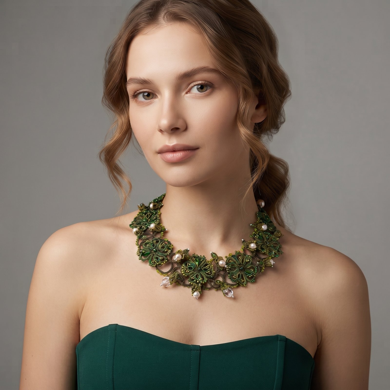 Royal Botanical Tatting Lace Statement Necklace — Design 2021 | Green & White Pearl Couture Jewelry | Ready to Ship - Image 11