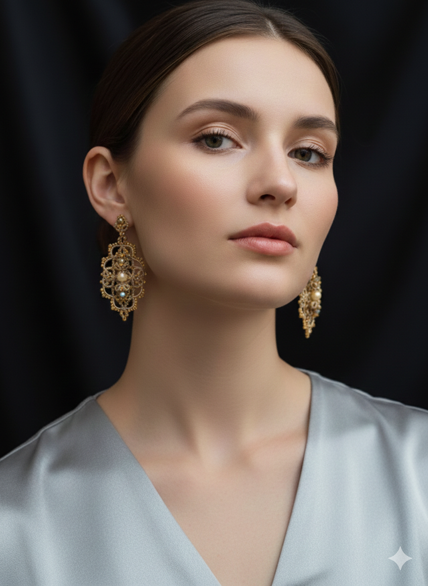 Champagne Gold & Beige Tatting Lace Jewelry Set | Golden Signature™ Couture Lace Ensemble - Image 7