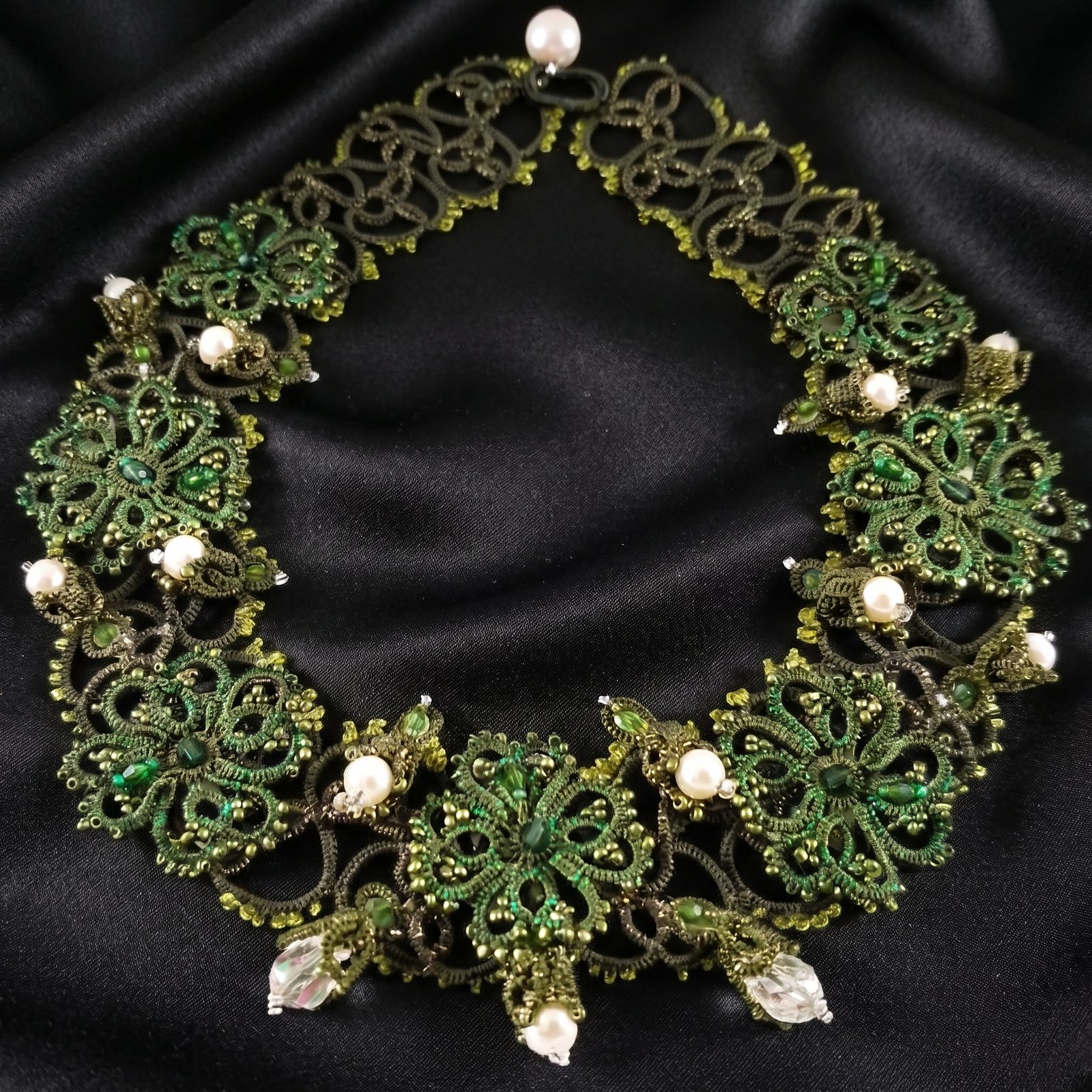Royal Botanical Tatting Lace Statement Necklace — Design 2021 | Green & White Pearl Couture Jewelry | Ready to Ship - Image 12