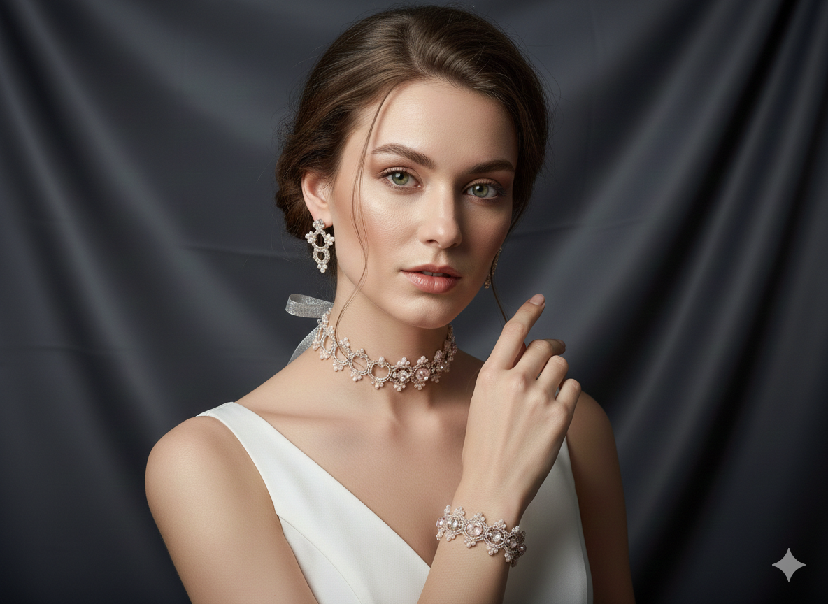 Luxury Handmade Wedding Jewelry Set | Victorian Lace Necklace, Bridal Choker & Earrings | Ready to Ship - Image 14