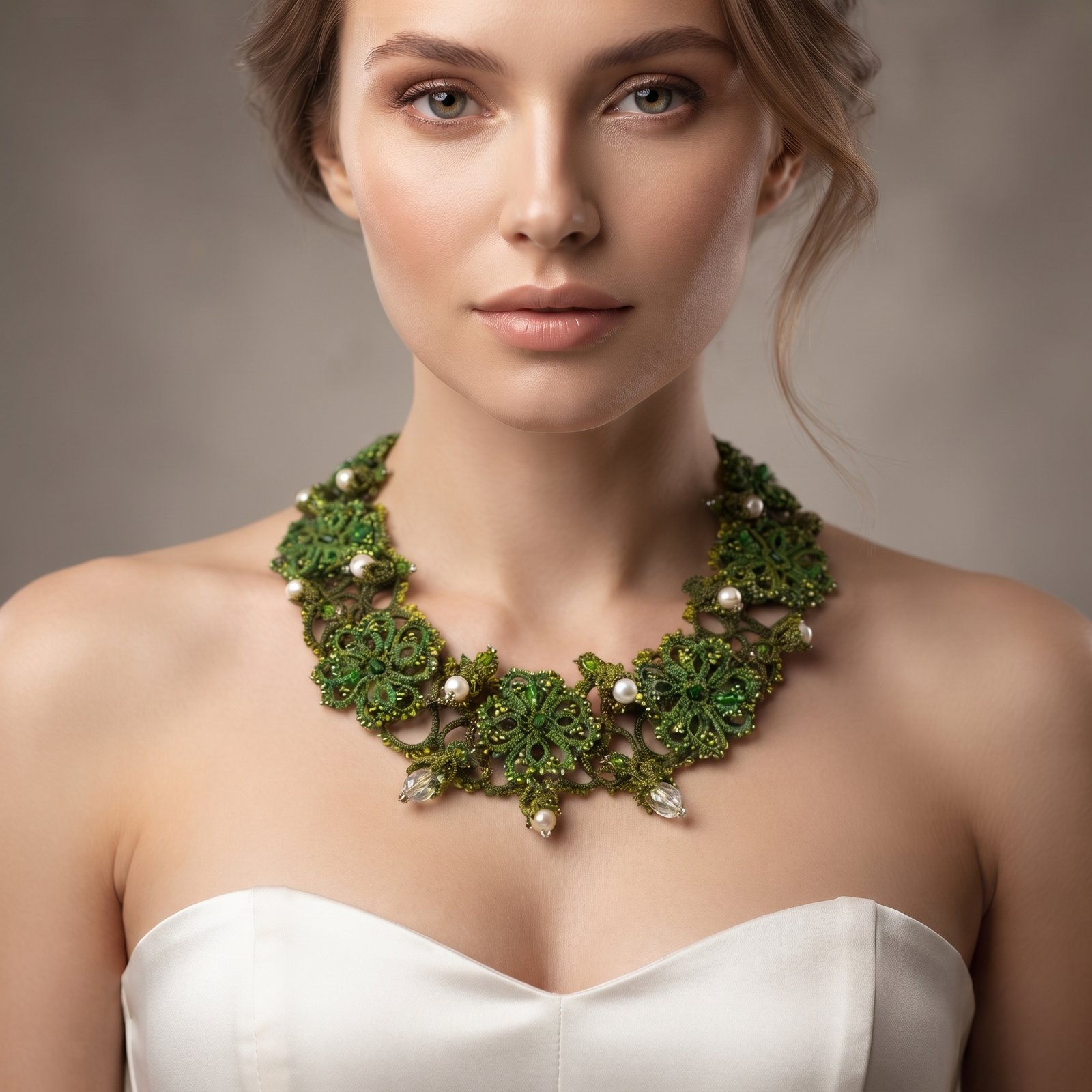 Royal Botanical Tatting Lace Statement Necklace — Design 2021 | Green & White Pearl Couture Jewelry | Ready to Ship - Image 13