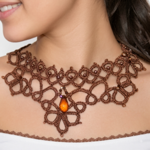 Victorian Copper Brown Tatting Lace Choker | Handmade Lace Necklace with Crystal Pendant | Elegant Everyday Victorian Jewelry | Made to Order