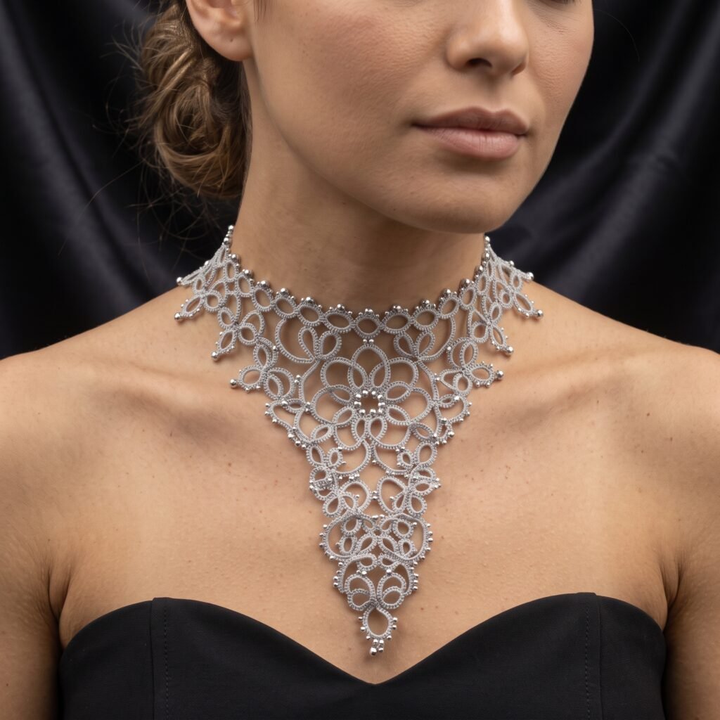 Silver Victorian Tatting Lace Bib Choker — Handmade Statement Lace Jewelry