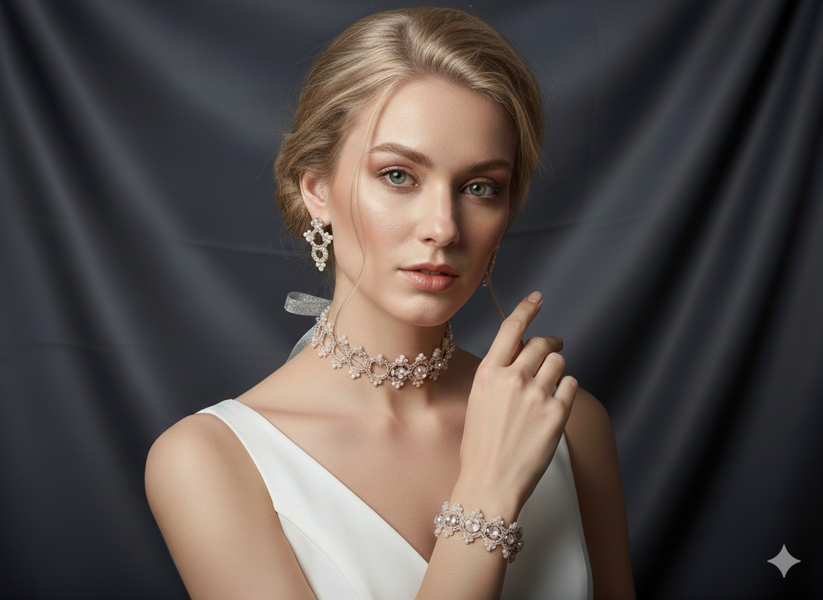 Luxury Handmade Wedding Jewelry Set | Victorian Lace Necklace, Bridal Choker & Earrings | Ready to Ship - Image 15