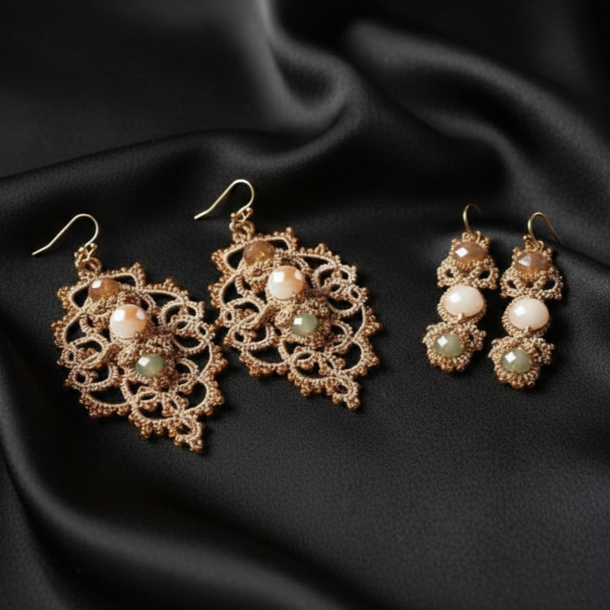 Champagne Gold & Beige Tatting Lace Jewelry Set | Golden Signature™ Couture Lace Ensemble - Image 8