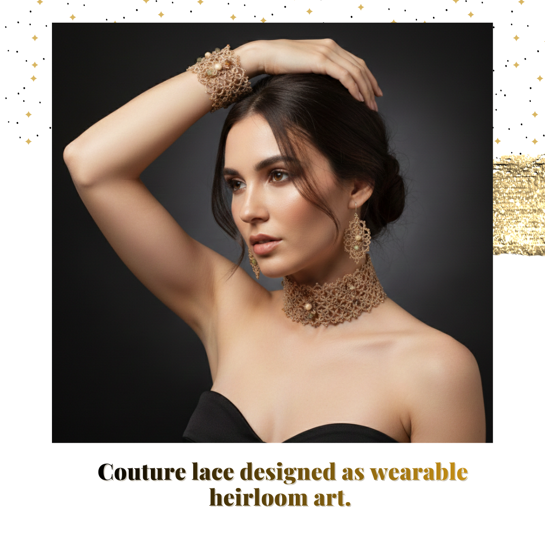 Champagne Gold & Beige Tatting Lace Jewelry Set | Golden Signature™ Couture Lace Ensemble - Image 9