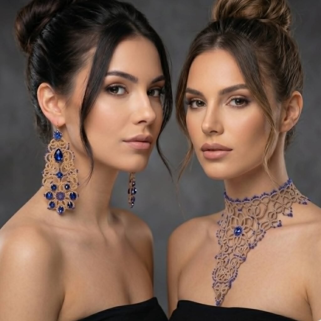 Luxury Tatting Lace Choker & Earrings Set, Handmade Statement Jewelry, Crystal Lace Necklace, Victorian Bridal Jewelry, Custom Color
