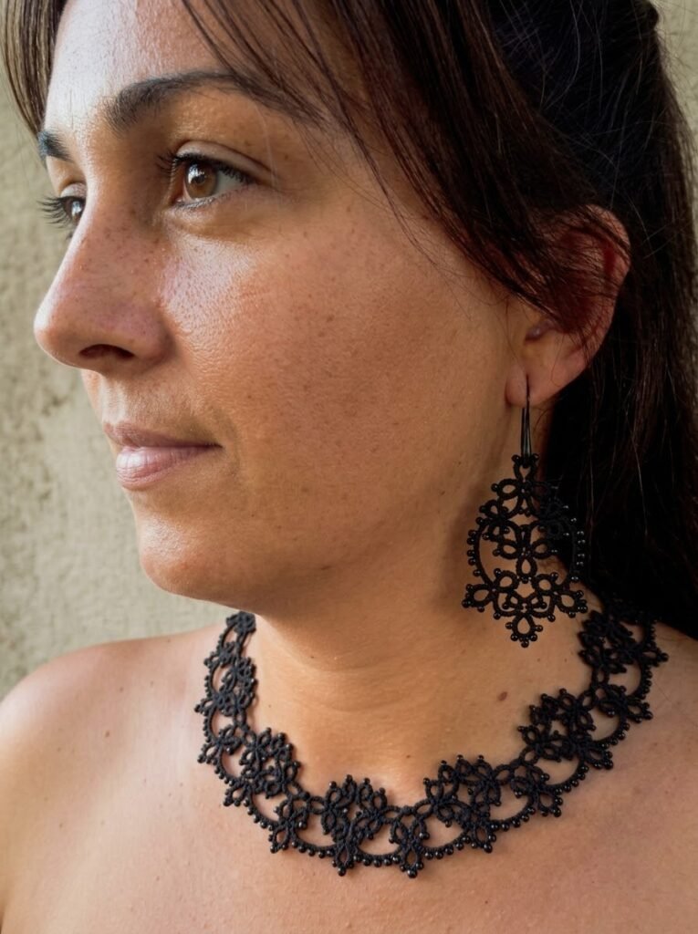 Victorian Lace Couture™ Jewelry Set | Black Gothic Tatting Lace Necklace & Statement Earrings | Handmade Couture Jewelry | Original 2022 Design