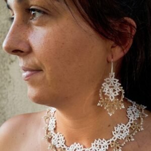 Victorian Garden™ White & Gold Tatting Lace Jewelry Set | Handmade Lace Necklace & Earrings | Necklace Ready to Ship  | Original 2022 Design