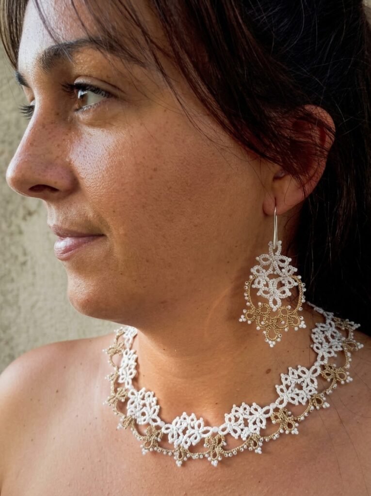 Victorian Garden™ White & Gold Tatting Lace Jewelry Set | Handmade Lace Necklace & Earrings | Necklace Ready to Ship  | Original 2022 Design