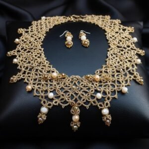 Golden Heirloom™ | One-of-a-Kind Tatting Lace Jewelry Set | Couture Necklace & Two Pairs of Statement Earrings Ready to Ship | Design 2021