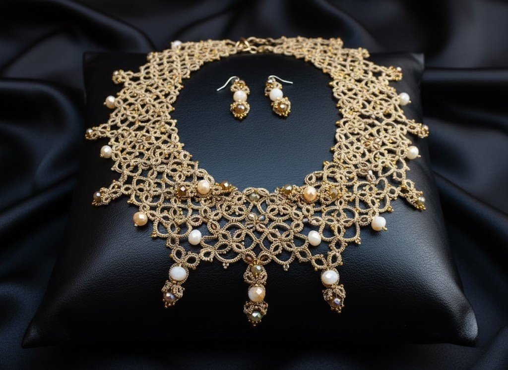 Golden Heirloom™ | One-of-a-Kind Tatting Lace Jewelry Set | Couture Necklace & Two Pairs of Statement Earrings Ready to Ship | Design 2021