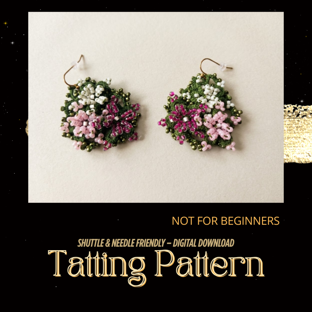 Floral Garden Tatting Lace Earrings Pattern | Beaded Flower Jewelry | Advanced Needle & Shuttle Tatting PDF| Original 2020 Design