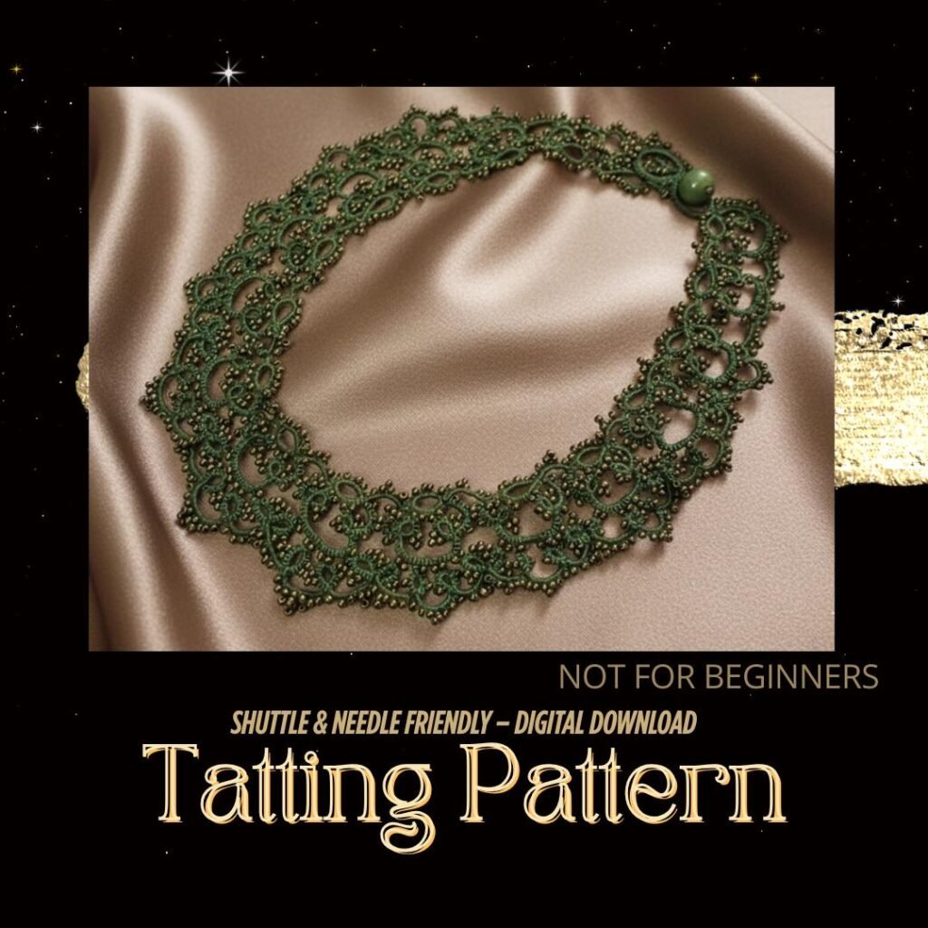 Olive Green Tatting Lace Necklace Pattern | Victorian Beaded Lace Jewelry | Shuttle & Needle Tatting PDF | Advanced Digital PDF Pattern  | Original 2020 Design